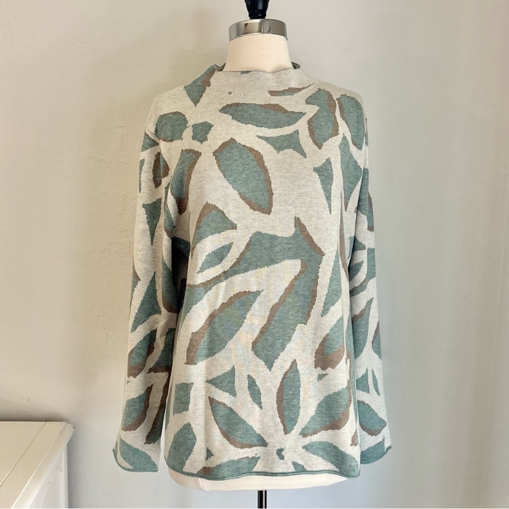 Oatmeal Sage Green Tan Abstract Print Soft MockNeck Pullover Sweater Wool Large